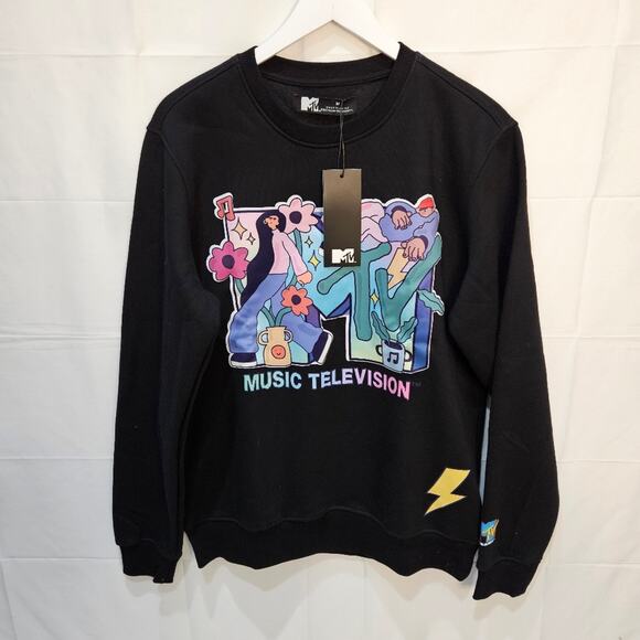 MTV Graphic Floral Retro Crewneck Sweatshirt Black Size Medium - Picture 1 of 6